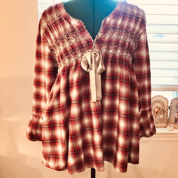 Sundance Tops - Sundance flannel plaid w/smocking detail & sequins